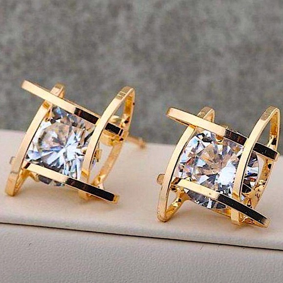 Gold Diamond Caged 3D Stud Earrings - Picture 1 of 6